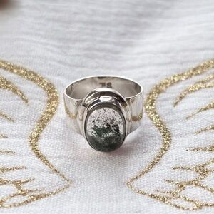 Silver Moss Agate Oval Statement Ring - Green and Clear Size 8